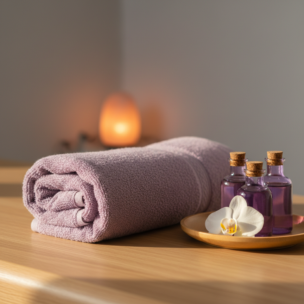 A neatly folded plush lavender massage towel resting on a smooth, light oak massage table, its thick fibers catching the light with a subtle sheen. Nearby, a small arrangement of amethyst-colored glass bottles filled with massage oil sits on a round bamboo tray, beside a single white orchid blossom. The setting is a serene massage room with soft gray walls and a blurred hint of a salt lamp in the background. Warm, diffused golden-hour light filters in from an unseen window, creating gentle highlights and soft shadows. Photographic realism, eye-level composition with a shallow depth of field focuses on the towel’s texture, conveying calm, relaxation, and a welcoming spa atmosphere.