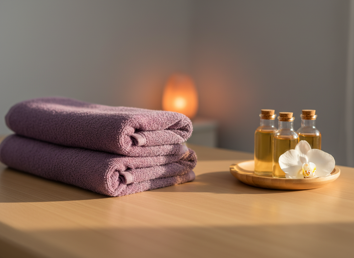 A neatly folded plush lavender massage towel resting on a smooth, light oak massage table, its thick fibers catching the light with a subtle sheen. Nearby, a small arrangement of amethyst-colored glass bottles filled with massage oil sits on a round bamboo tray, beside a single white orchid blossom. The setting is a serene massage room with soft gray walls and a blurred hint of a salt lamp in the background. Warm, diffused golden-hour light filters in from an unseen window, creating gentle highlights and soft shadows. Photographic realism, eye-level composition with a shallow depth of field focuses on the towel’s texture, conveying calm, relaxation, and a welcoming spa atmosphere.