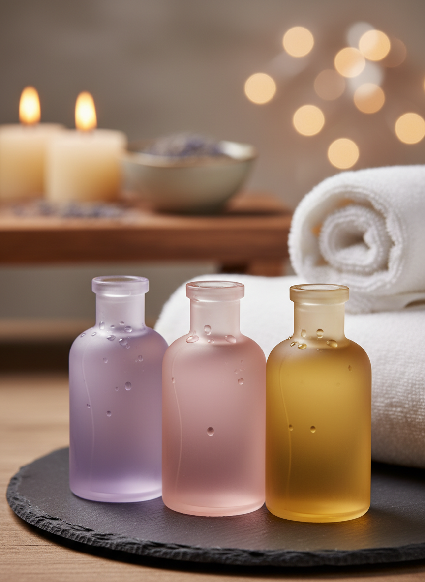 A close-up of three matte glass massage oil bottles in varying shades of soft violet, blush, and clear amber, arranged in a gentle curve on a smooth slate tray. Tiny droplets of oil glisten on their rounded shoulders, catching the warm glow of nearby candles. Behind them, a blurred backdrop reveals a neatly folded stack of white towels and a bowl of lavender buds on a wooden shelf. Soft, warm side lighting from a hidden lamp creates delicate highlights along the glass contours and subtle bokeh in the background. Photographic realism, with a shallow depth of field and centered composition, conveying nourishment, luxury, and a soothing spa atmosphere.