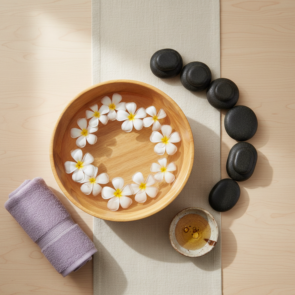 An overhead photographic view of a carefully styled massage ritual setup: a wide, shallow wooden bowl filled with warm water tinted a pale violet hue, floating with delicate white flower petals. Beside it lies a smooth basalt hot stone arrangement in a gentle curve on a cream linen runner, with a small ceramic dish of aromatic massage oil at the end. The setting rests on a light, natural wood surface, with a folded violet hand towel completing the scene. Soft, indirect natural light from the side bathes the elements in a serene glow, creating subtle reflections and soft-edged shadows. The composition is balanced and minimalist, evoking relaxation, recharge, and holistic rejuvenation.