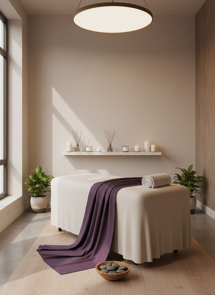 A tranquil massage room interior featuring a pristine, cream-colored massage table draped in a smooth, violet throw blanket that cascades softly over the side. At the foot of the table, a neatly rolled white towel rests beside a small wooden bowl of polished river stones. The background shows a minimalist white shelf holding neatly arranged aromatherapy diffusers and candles in frosted glass. Soft, diffused overhead lighting mixes with subtle natural daylight from a side window, creating a calm interplay of light and shadow. Captured in photographic realism from a slightly elevated angle, the spacious composition emphasizes cleanliness, warmth, and a rejuvenating, spa-like environment.