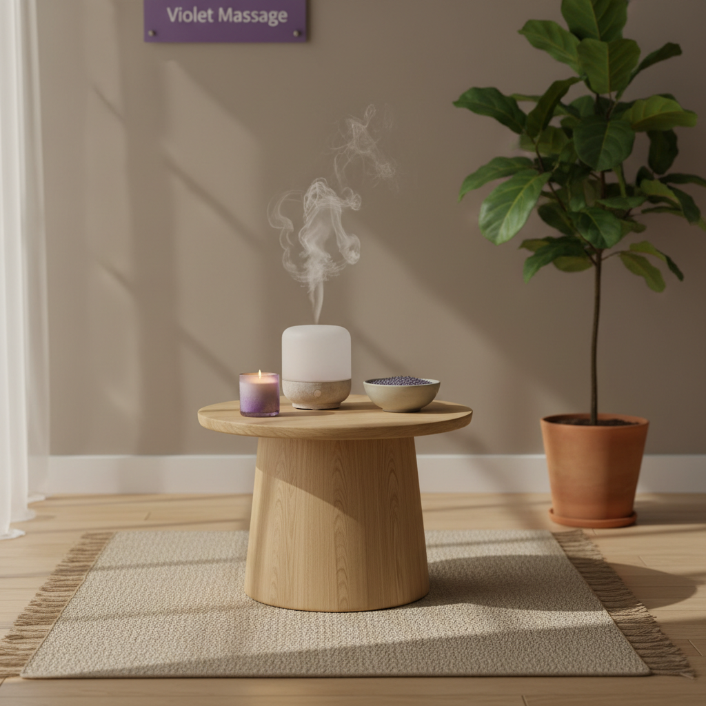A serene corner of a massage studio designed as a relaxation nook, featuring a low, round wooden side table hosting a frosted glass aromatherapy diffuser emitting a faint mist, a violet-tinted glass candle, and a small bowl of dried lavender. The table stands on a pale woven rug beside a large potted green plant with glossy leaves, set against a soft taupe wall. Gentle, diffused afternoon light filters through an unseen sheer curtain, casting dappled shadows on the wall and floor. Shot in photographic realism from an eye-level angle with moderate depth of field, the composition feels airy, calm, and nurturing, embodying a peaceful space to unwind before or after a massage at Violet Massage.